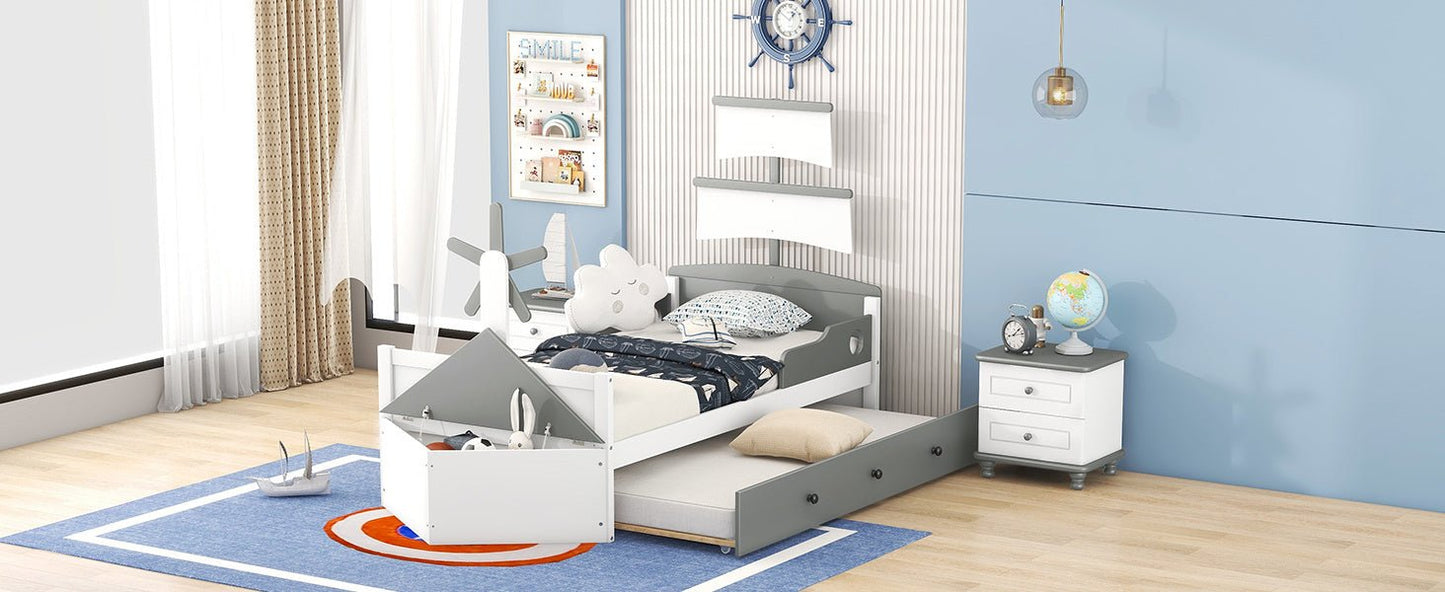 Boat-Shaped Platform Twin Bed with Trundle and Storage Box - Divine Heart L.A.