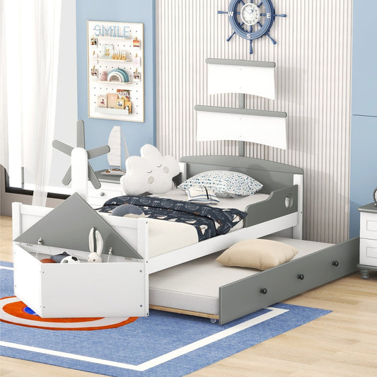 Boat-Shaped Platform Twin Bed with Trundle and Storage Box - Divine Heart L.A.