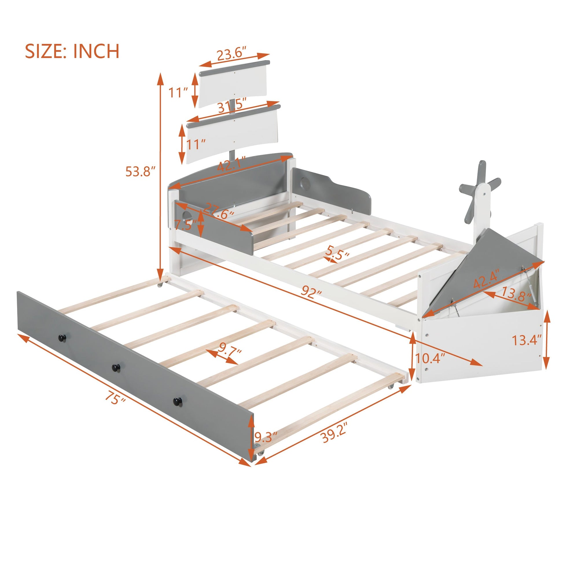 Boat-Shaped Platform Twin Bed with Trundle and Storage Box - Divine Heart L.A.