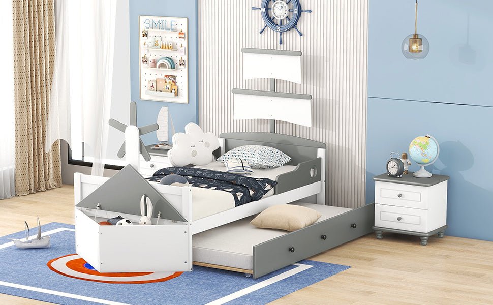 Boat-Shaped Platform Twin Bed with Trundle and Storage Box - Divine Heart L.A.