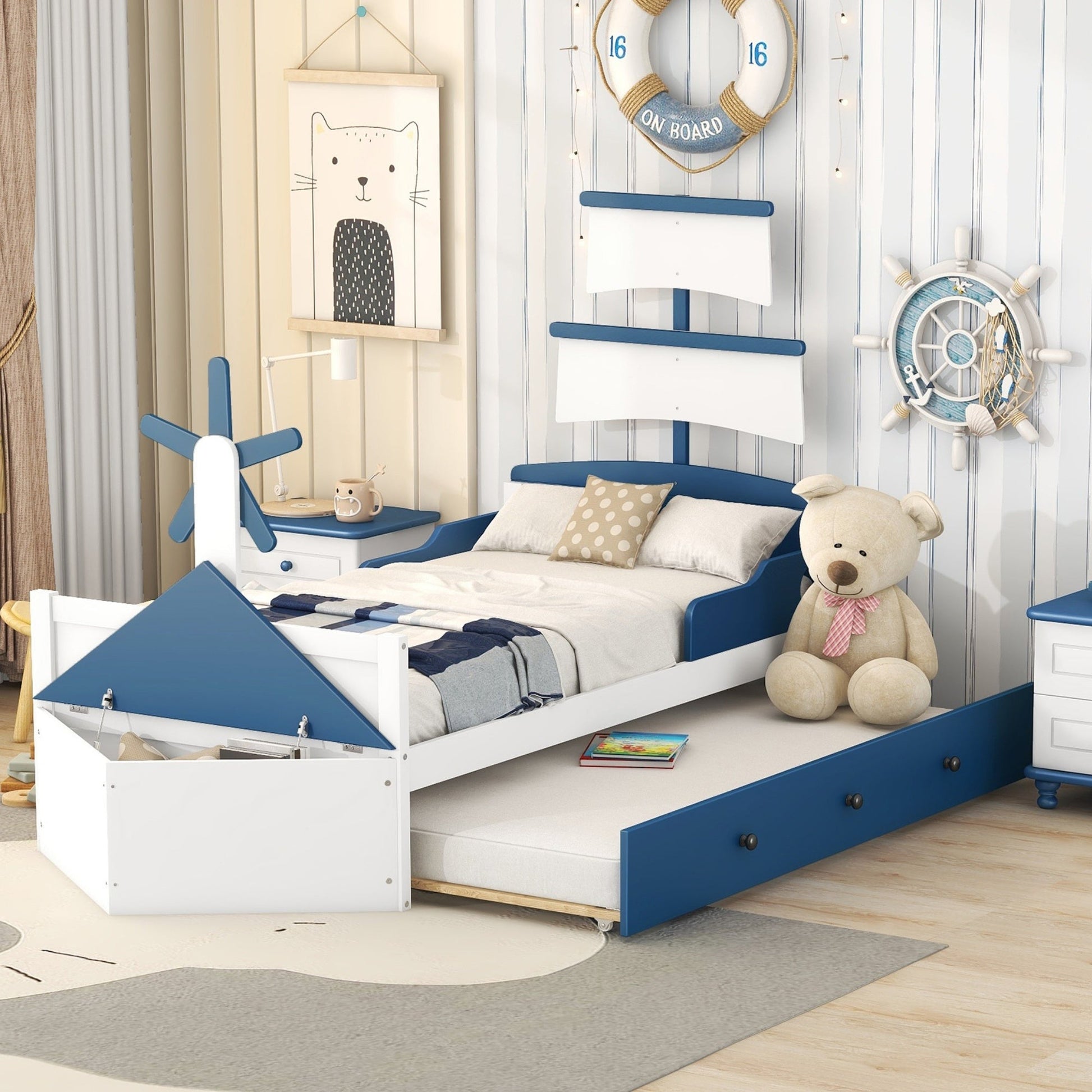 Boat-Shaped Platform Twin Bed with Twin size Trundle - Divine Heart L.A.