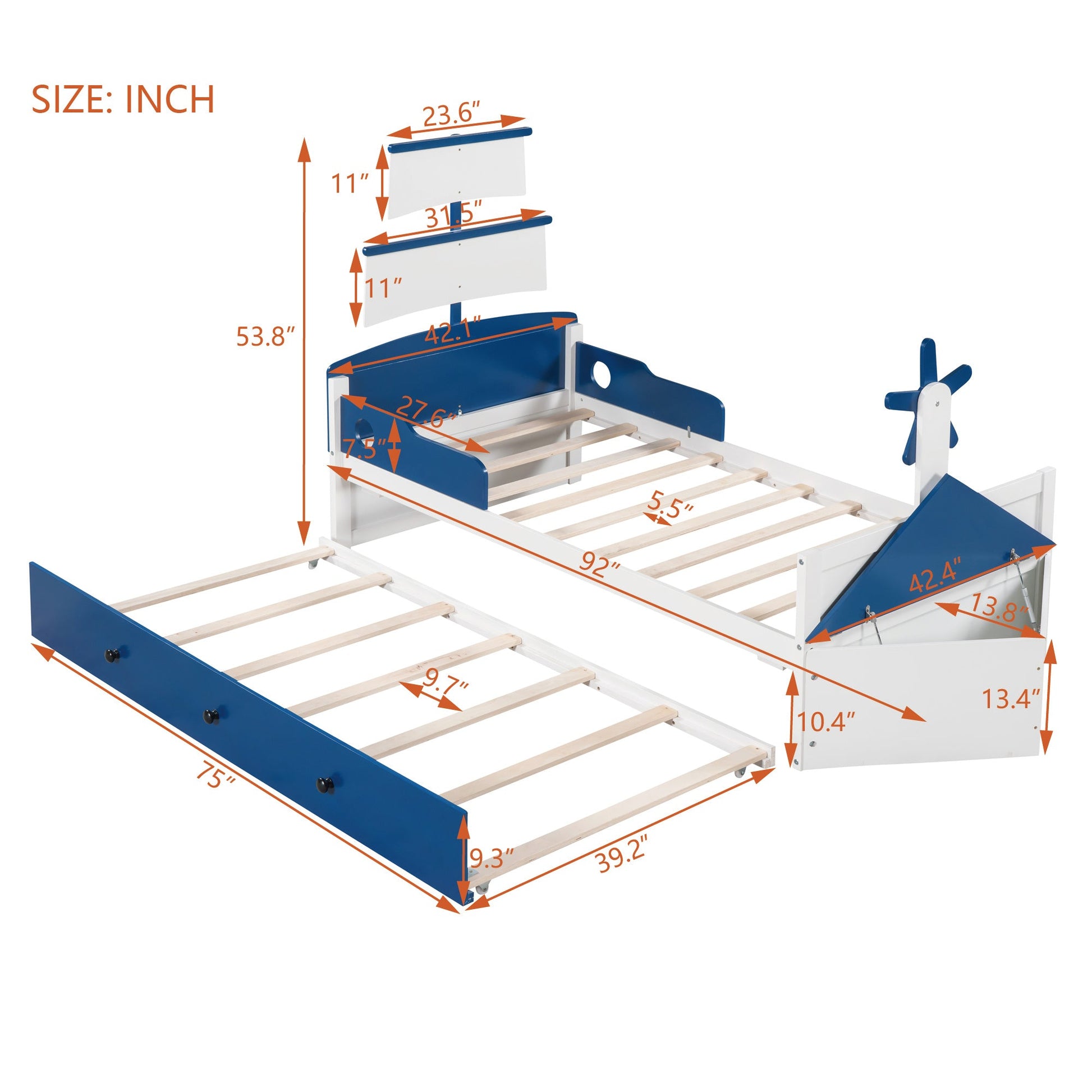 Boat-Shaped Platform Twin Bed with Twin size Trundle - Divine Heart L.A.