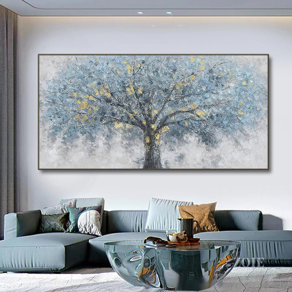 Burnish Blue Abstract Tree Oil Painting on Canvas - Divine Heart L.A.