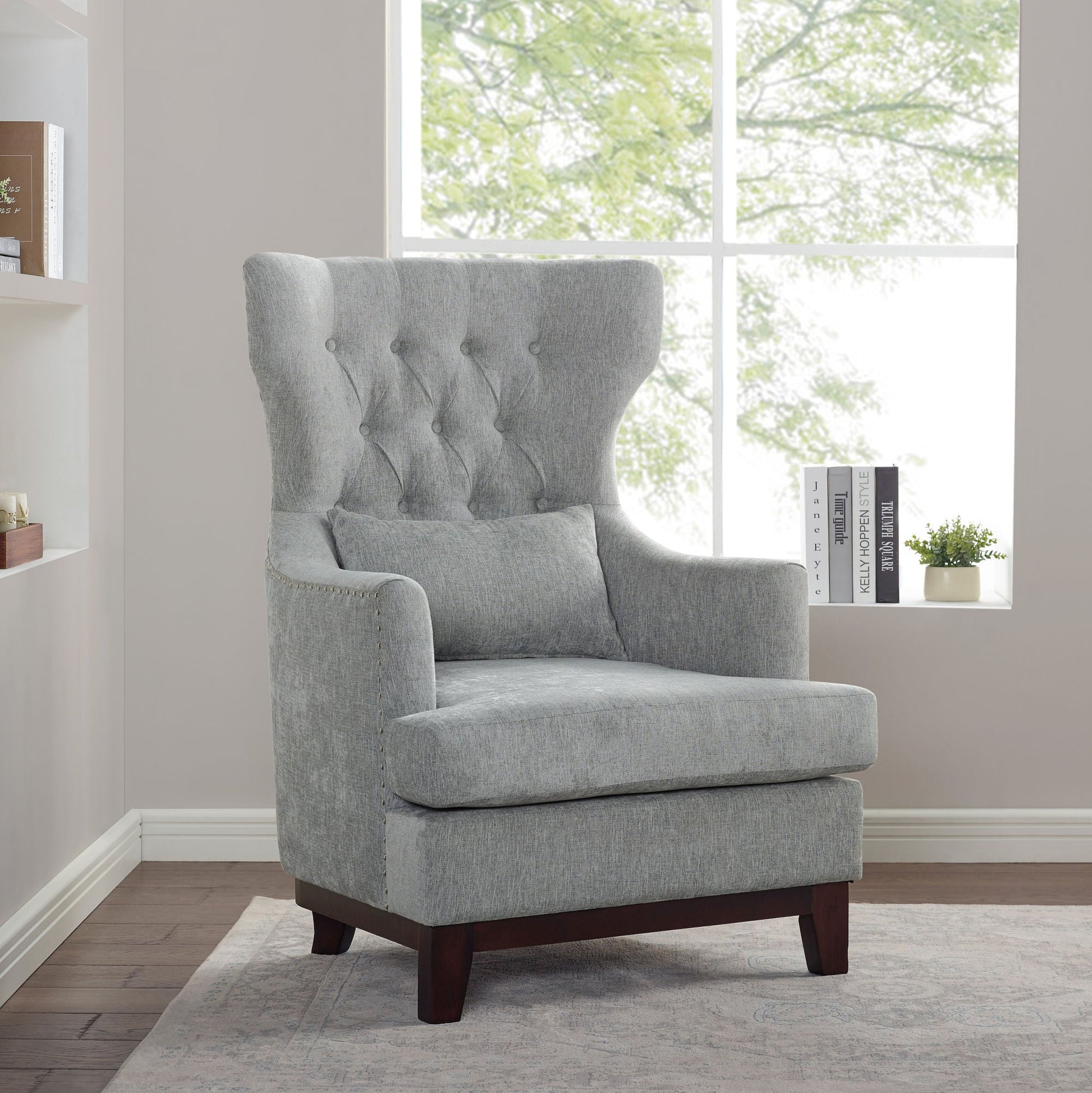 Button Tufted Wing-Back Accent Chair 1pc Light Gray Fabric Upholstered Pillow Solid Wood Traditional Living Room Furniture - Divine Heart L.A.