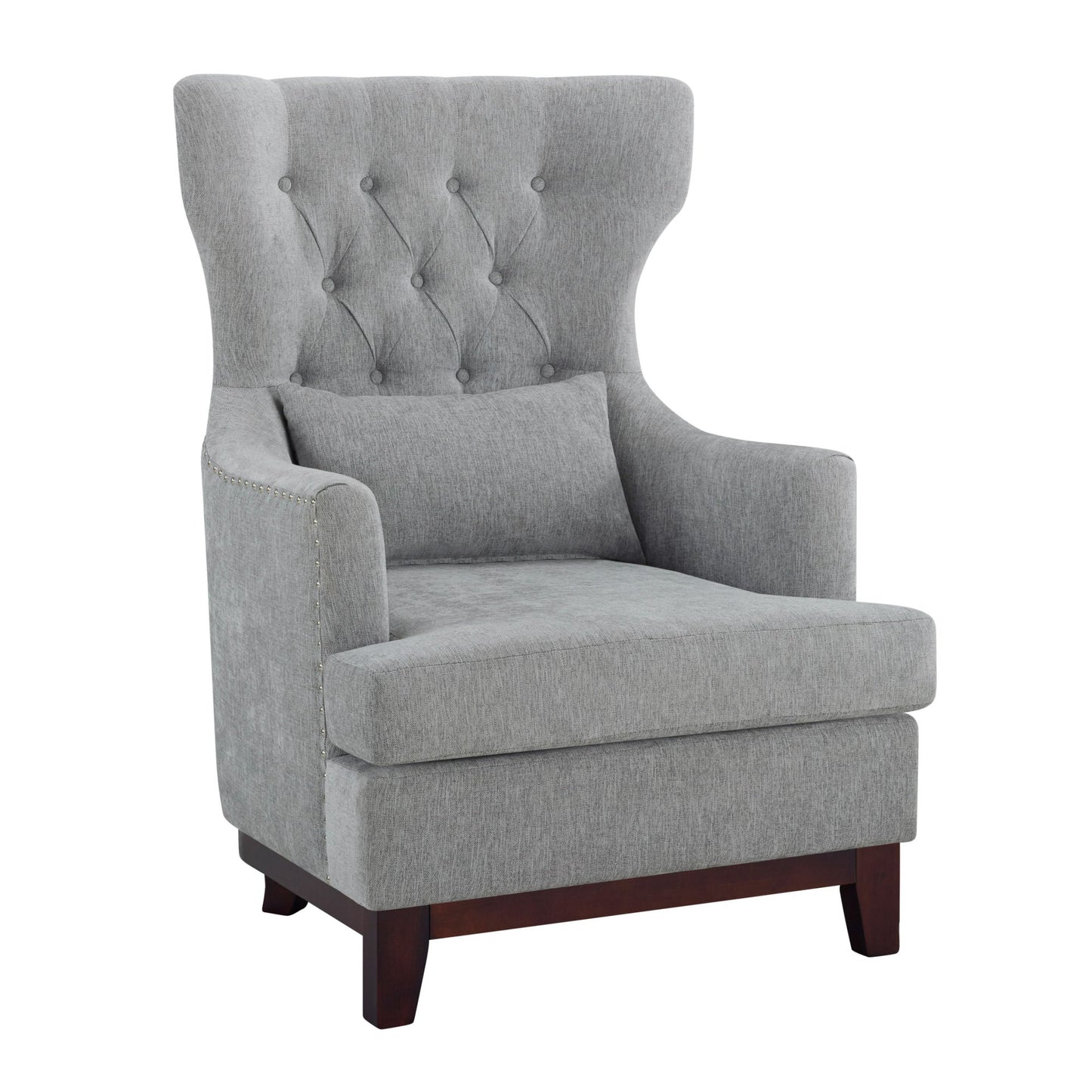 Button Tufted Wing-Back Accent Chair 1pc Light Gray Fabric Upholstered Pillow Solid Wood Traditional Living Room Furniture - Divine Heart L.A.