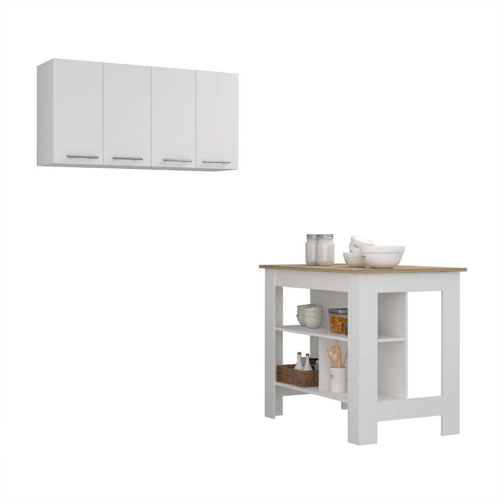 Caledon 2 Piece Kitchen Set, Kitchen Island + Upper Wall Cabinet , White /Walnut - Divine Heart L.A.