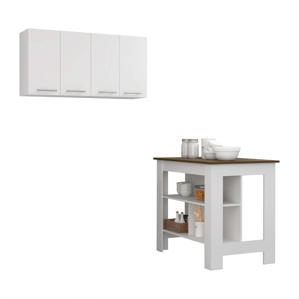 Caledon 2 Piece Kitchen Set, Kitchen Island + Upper Wall Cabinet , White /Walnut - Divine Heart L.A.