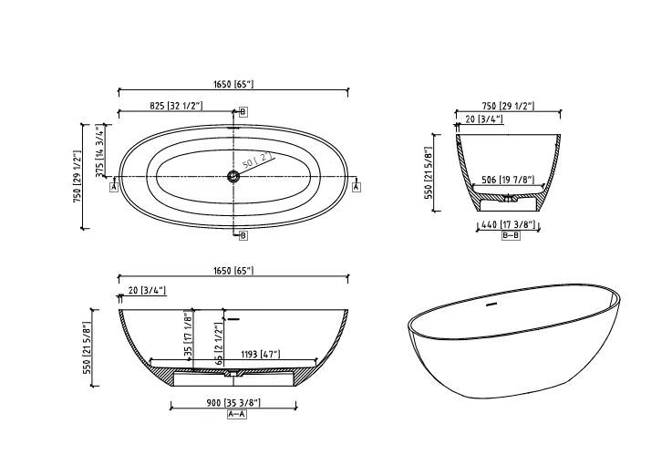 Contemporary Design Solid Surface Freestanding Soaking Bathtub with Overflow in Matte White, cUPC Certified - 65*29.5 22S06 - 65 - Divine Heart L.A.