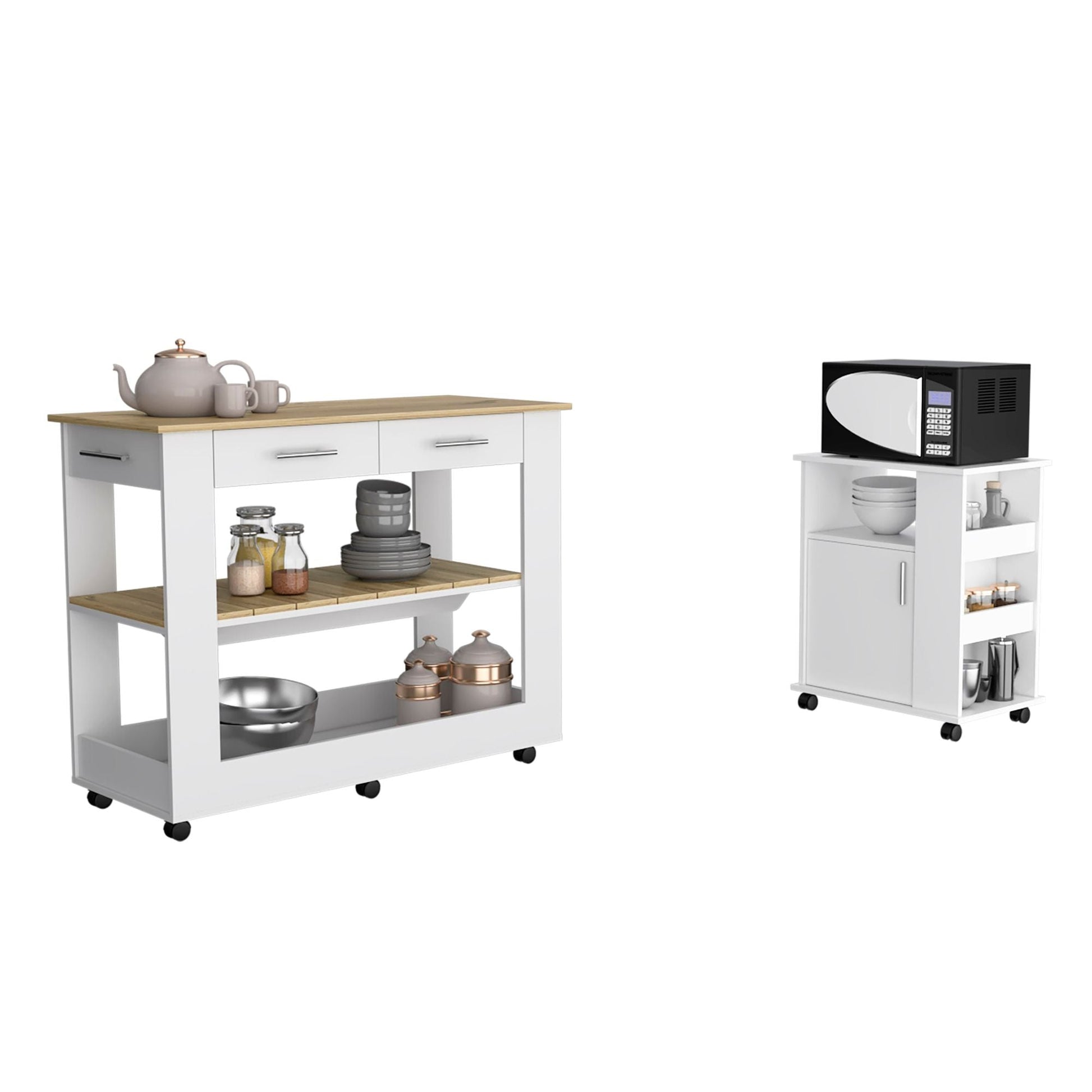 Danville 2 Piece Kitchen Set, Kitchen Island + Kitchen Cart, White / Light Oak - Divine Heart L.A.