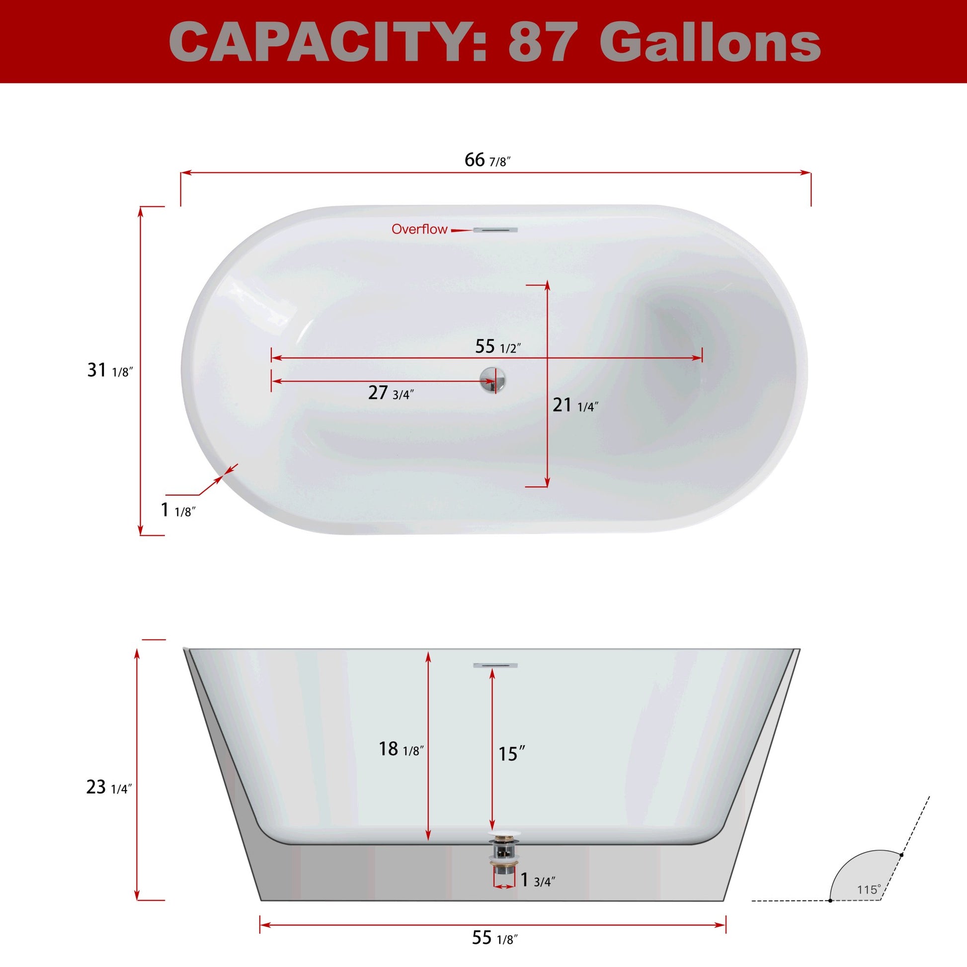 Deluxe High - Gloss Acrylic Freestanding Soaking Bathtub with Chrome Overflow and Drain, cUPC Certified - 67*31.1 22A02 - 67 - Divine Heart L.A.