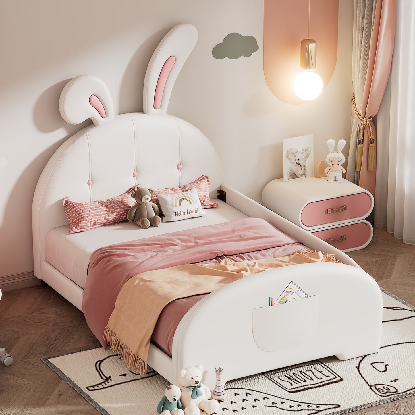 Twin size Upholstered Rabbit-Shape Princess Bed ,Twin Size Platform Bed with Headboard and Footboard,White