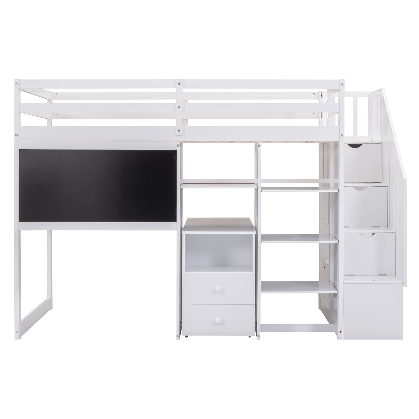 Twin Size Loft Bed with Pullable Desk and Storage Shelves; Staircase and Blackboard