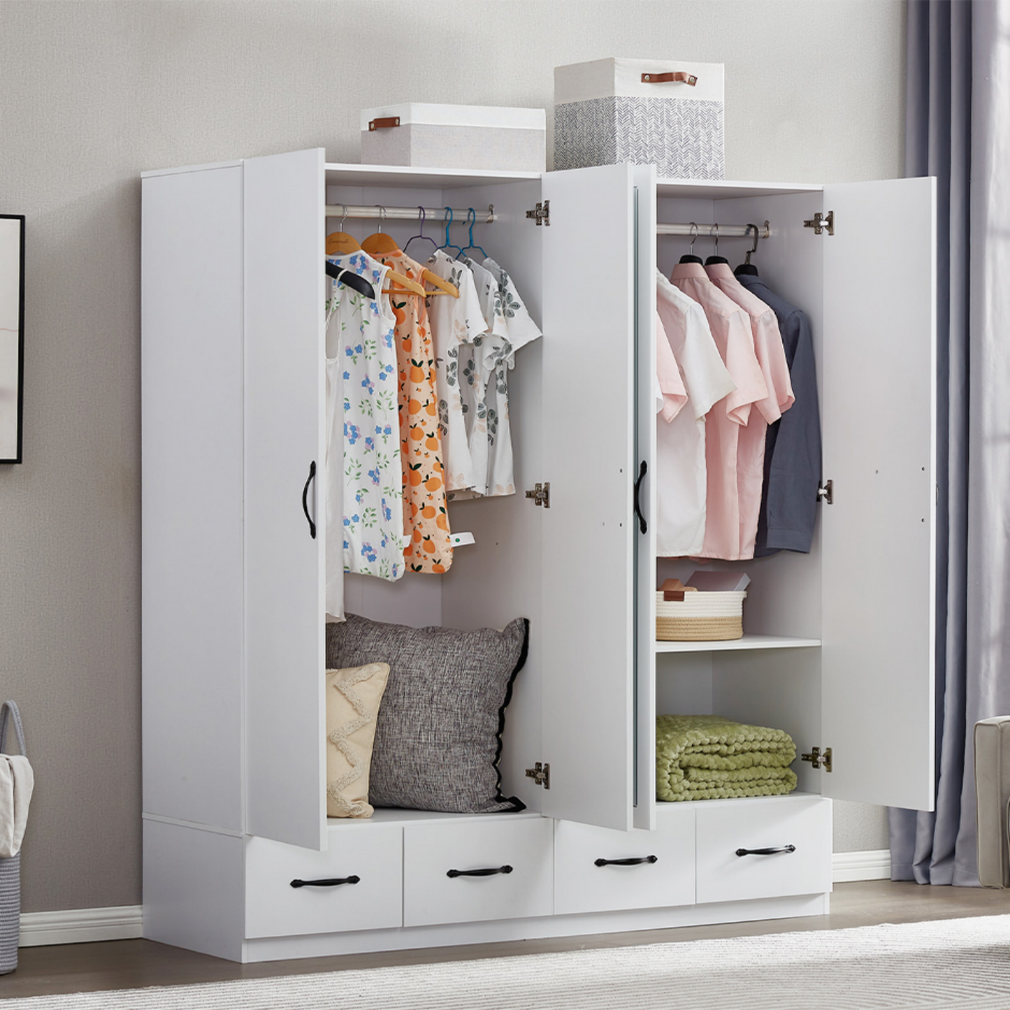 Armoire Wardrobe Closet 4 Door: 4 Drawers Wooden Cabinet Closet Wardrobe with Mirror and Hanging Rod High Storage Capacity for White Closet Cabinet 63" L x 20.3" W x 72.7" H