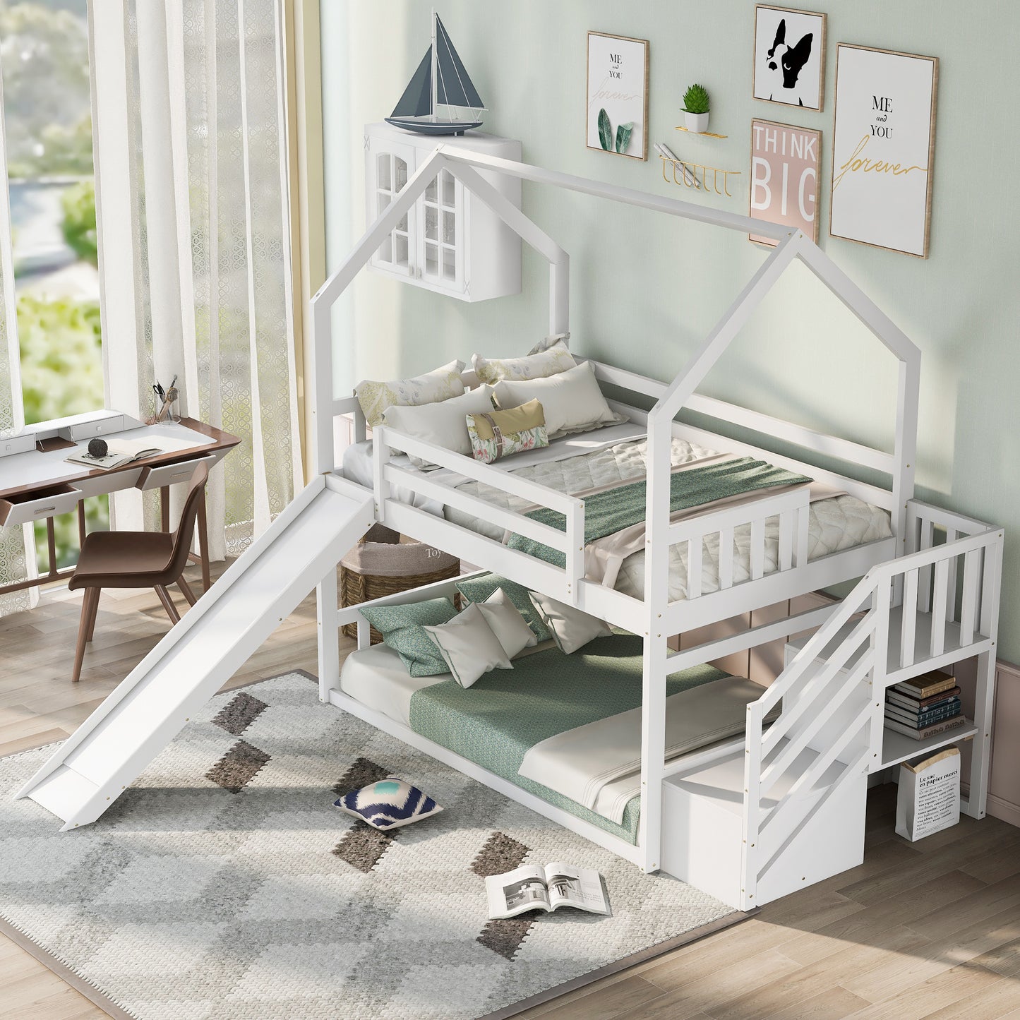 Twin over Twin House Bunk Bed with Convertible Slide; Storage Staircase