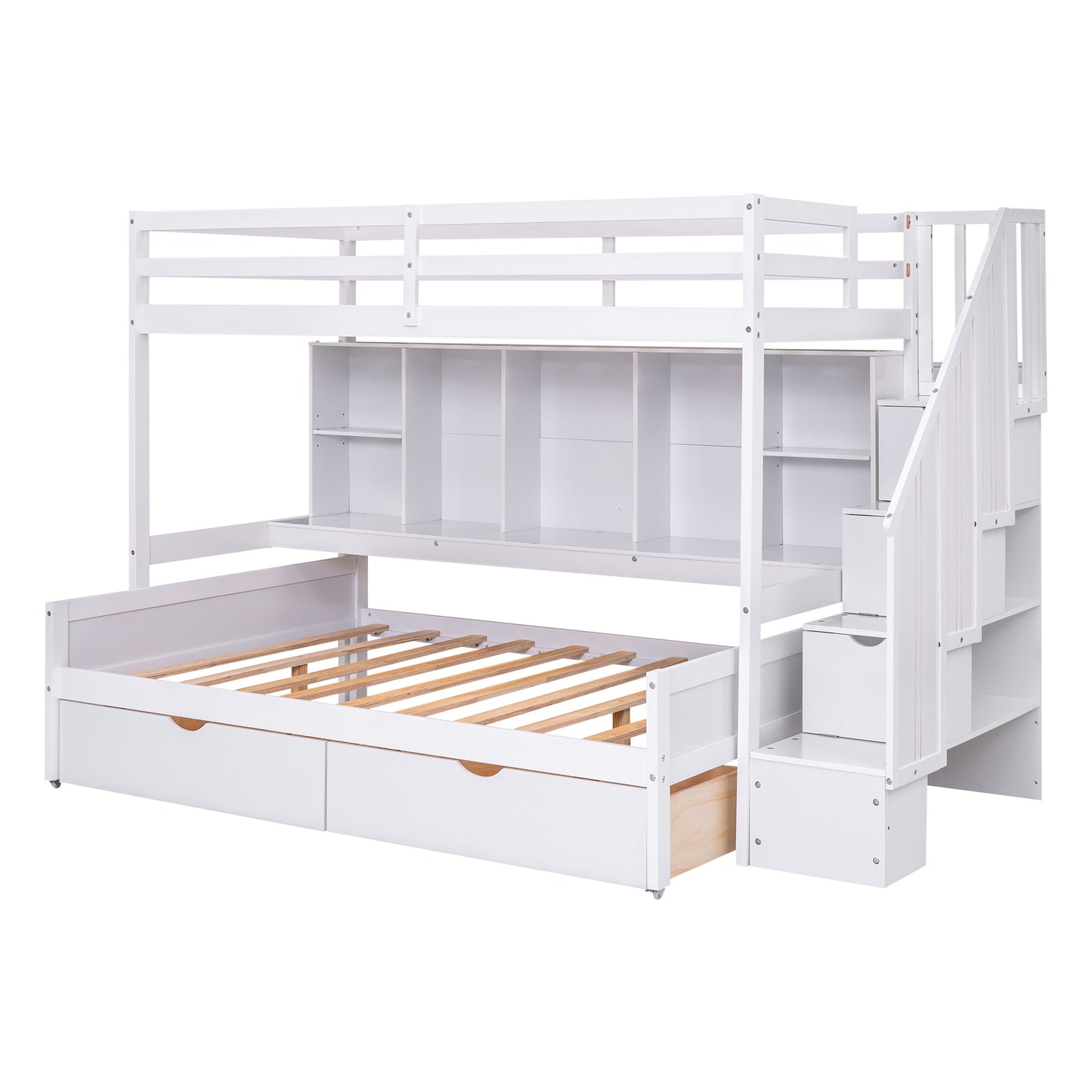 Twin XL over Full Bunk Bed with Built-in Storage Shelves;  Drawers and Staircase