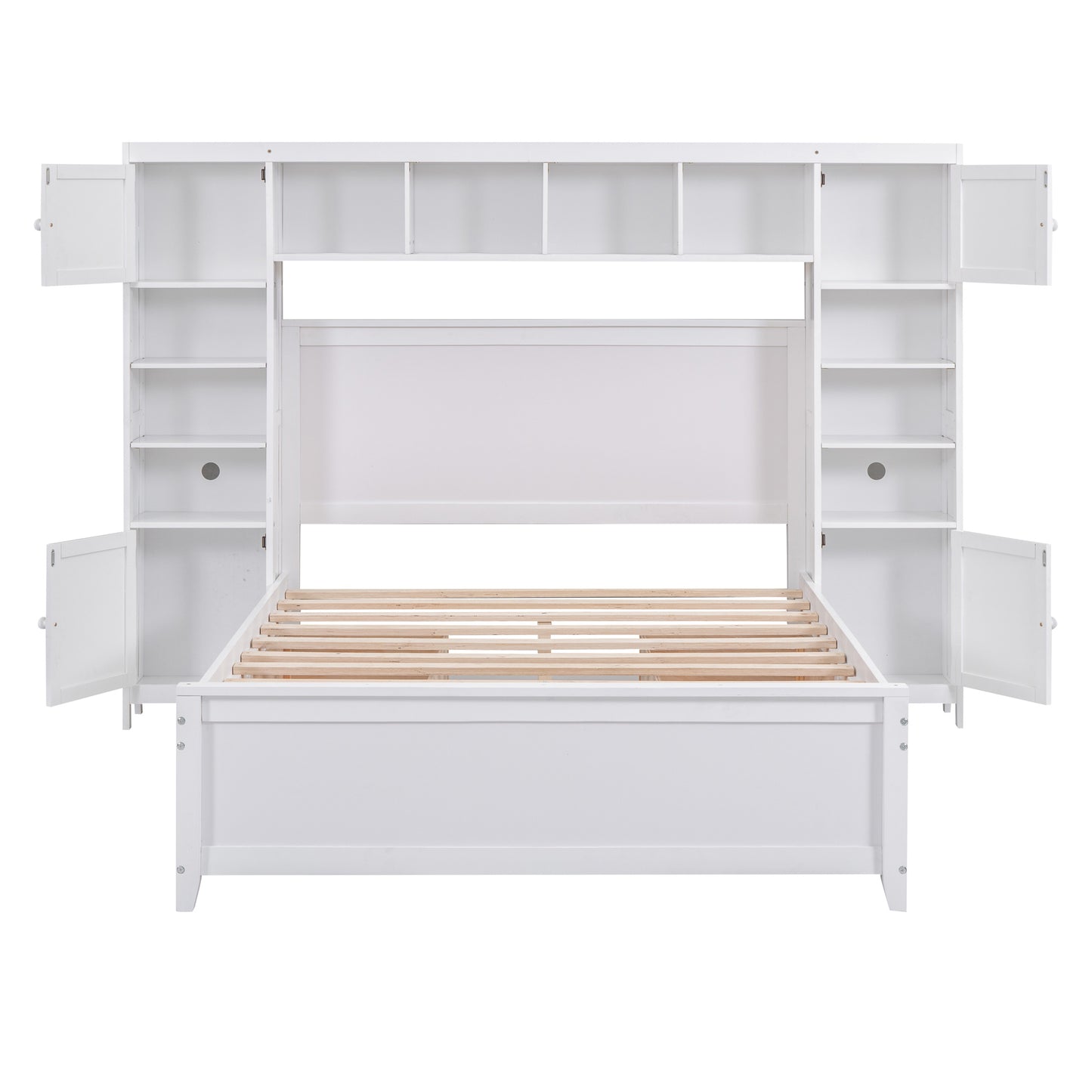 Full Size Wooden Bed With All-in-One Cabinet and Shelf