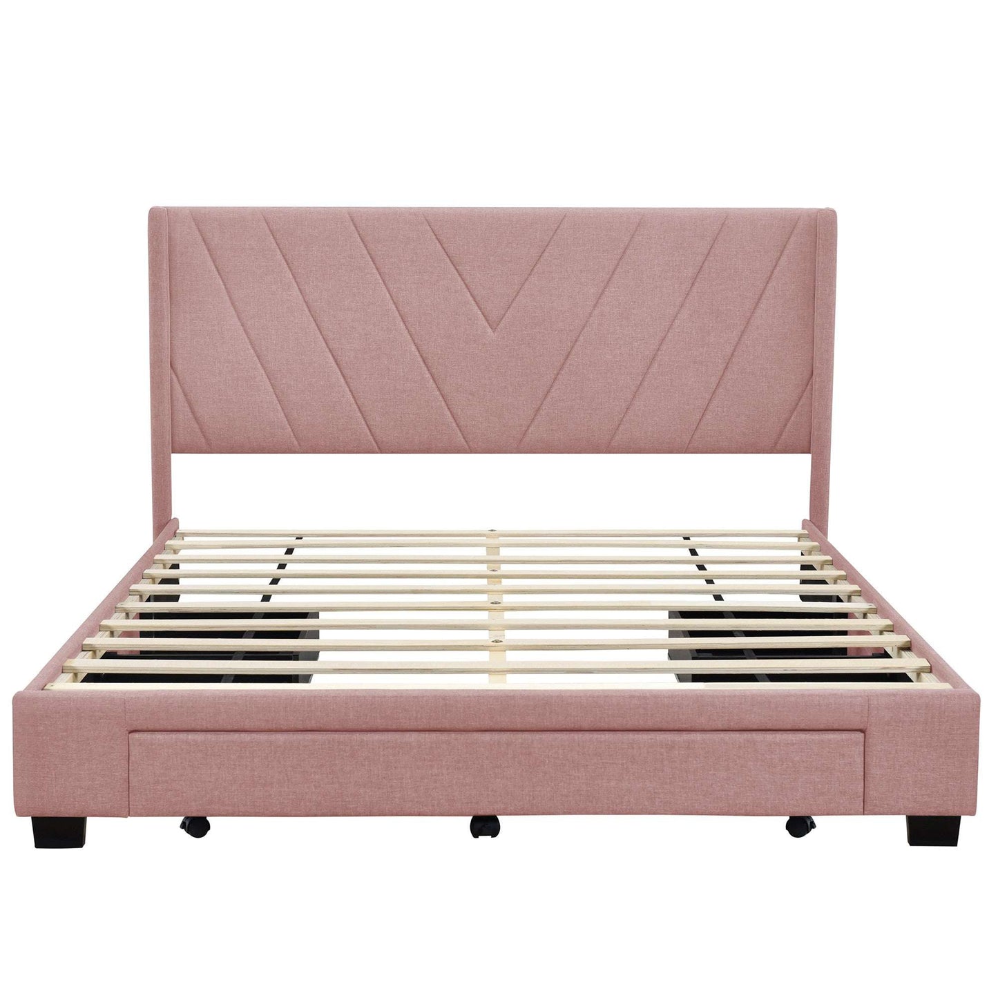 Queen Size Storage Bed Linen Upholstered Platform Bed with 3 Drawers (Pink)