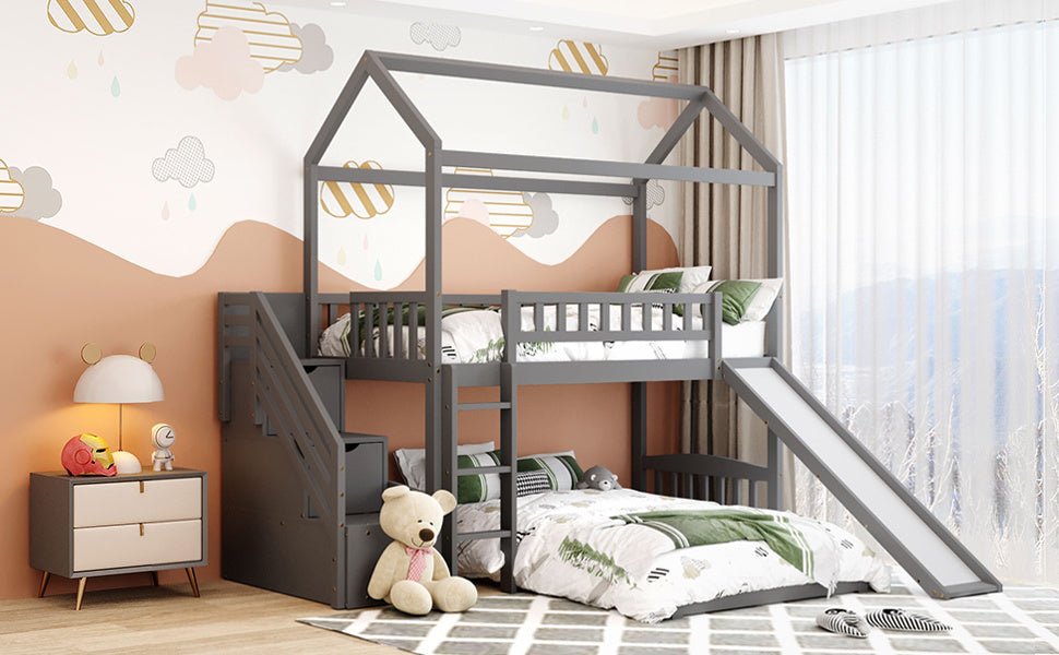 Twin Over Twin Bunk Bed with Two Drawers and Slide, House Bed with Slide