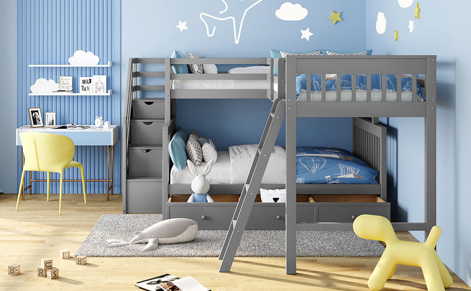 Twin over Full L-Shaped Bunk Bed With 3 Drawers, Ladder and Staircase