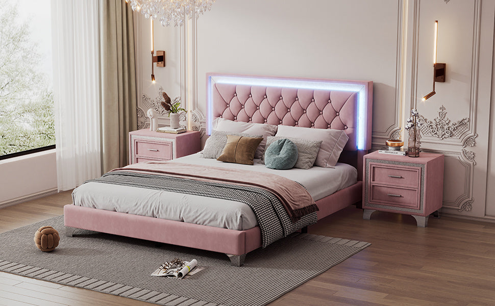 Queen Size Upholstered Bed Frame with LED Lights,Modern Velvet Platform Bed with Tufted Headboard,Pink