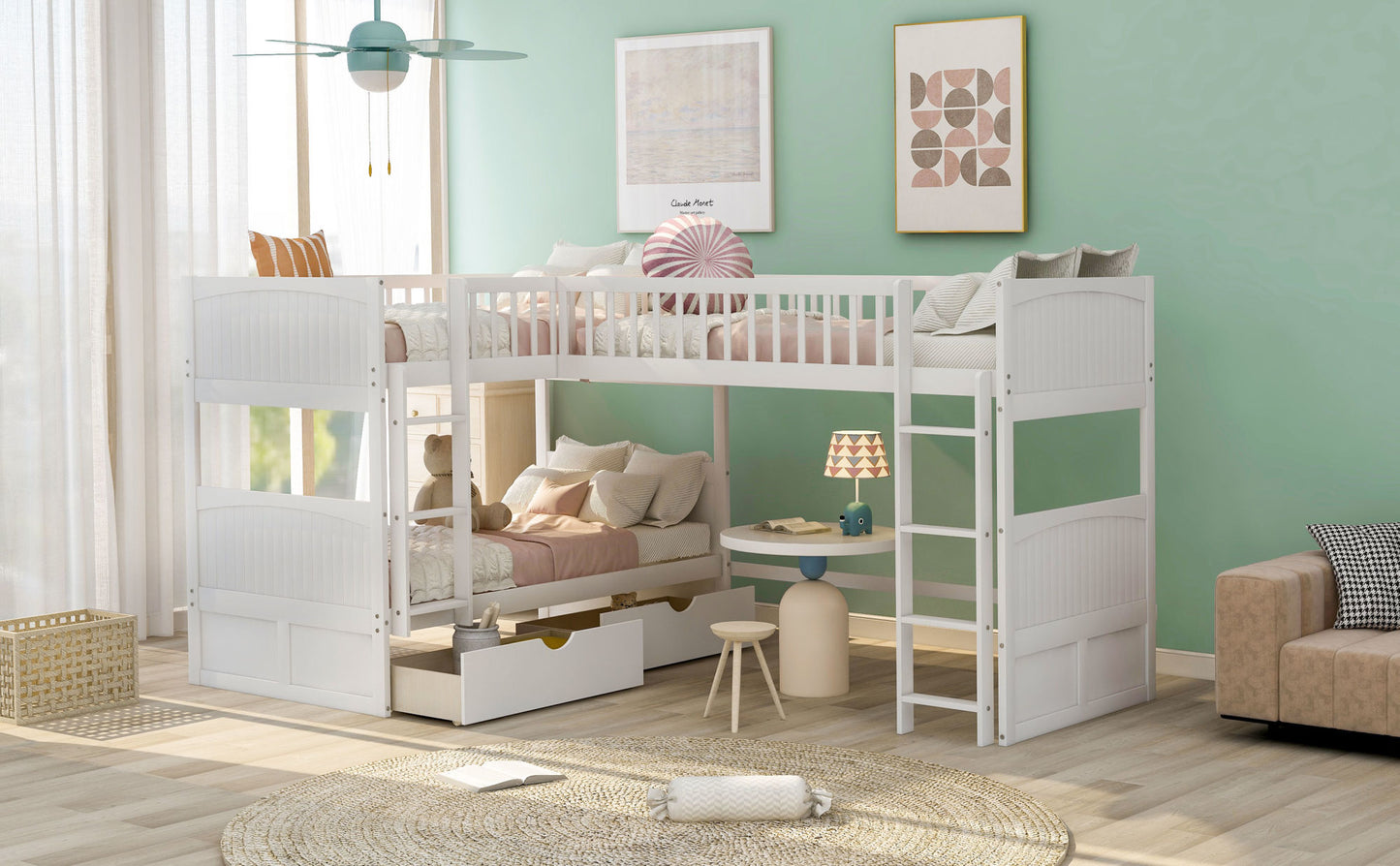 Twin Size Bunk Bed with a Loft Bed attached, with Two Drawers,Gray