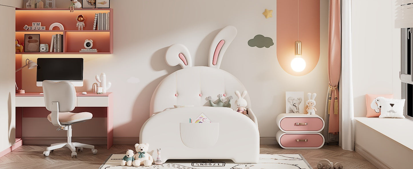 Twin size Upholstered Rabbit-Shape Princess Bed ,Twin Size Platform Bed with Headboard and Footboard,White