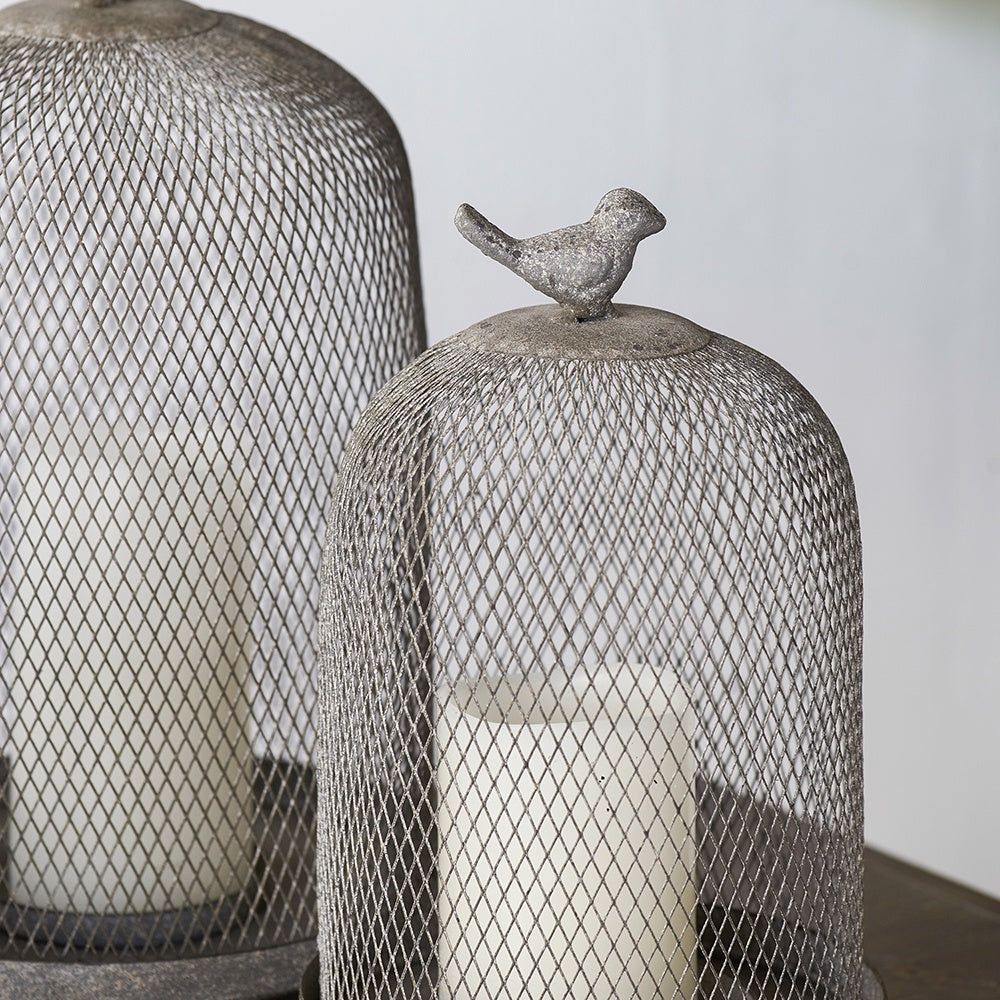 Set of 2 Ophira Sparrow Antique Gray Mesh Candle Holders, L: D8.5x13" S: D7x10"