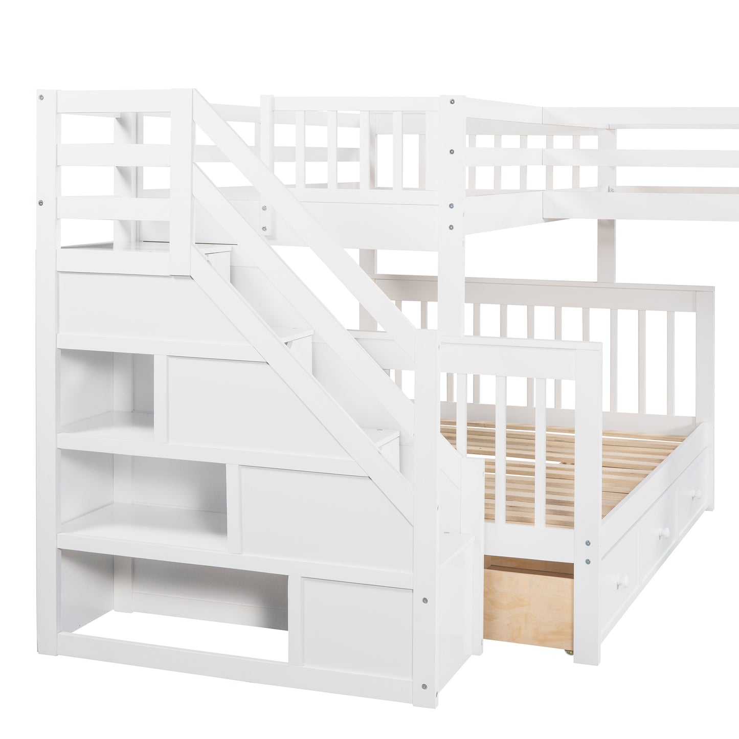 Twin over Full L-Shaped Bunk Bed With 3 Drawers, Ladder and Staircase