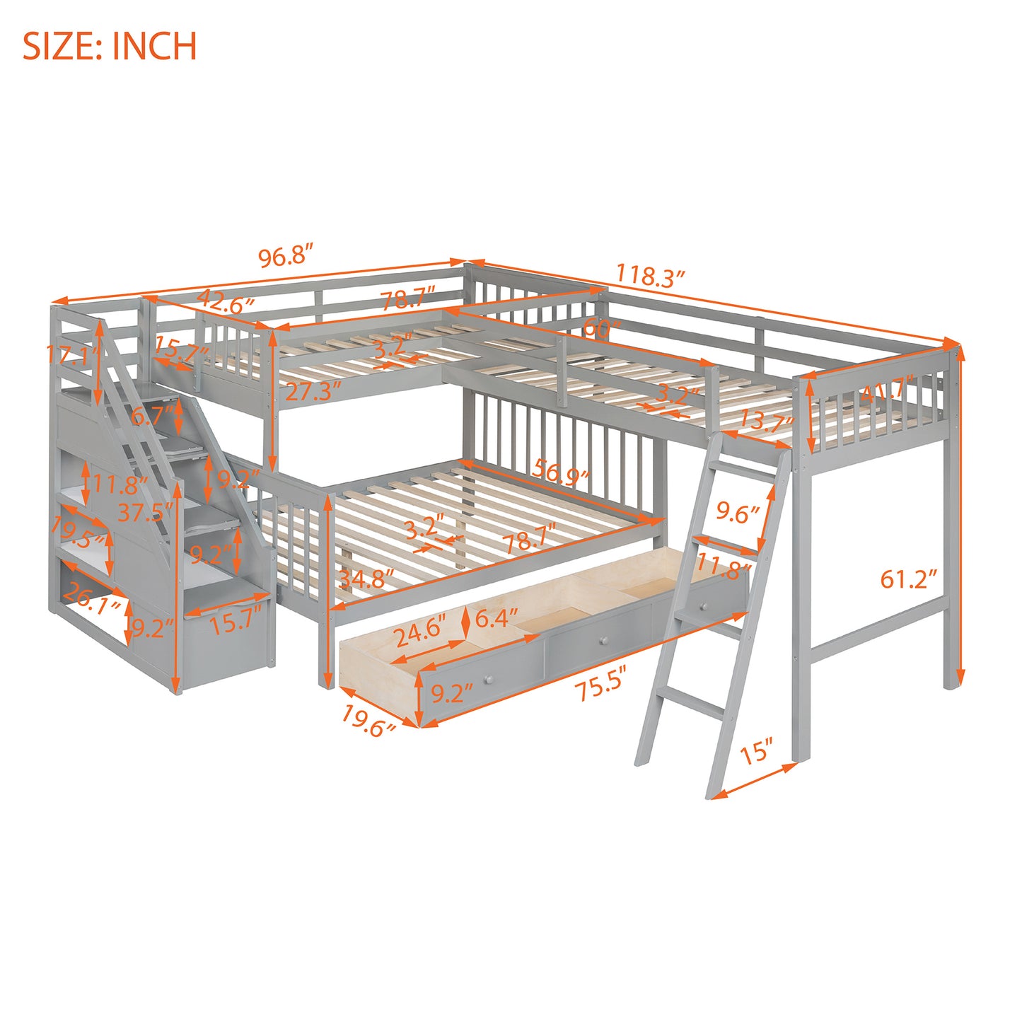 Twin over Full L-Shaped Bunk Bed With 3 Drawers, Ladder and Staircase