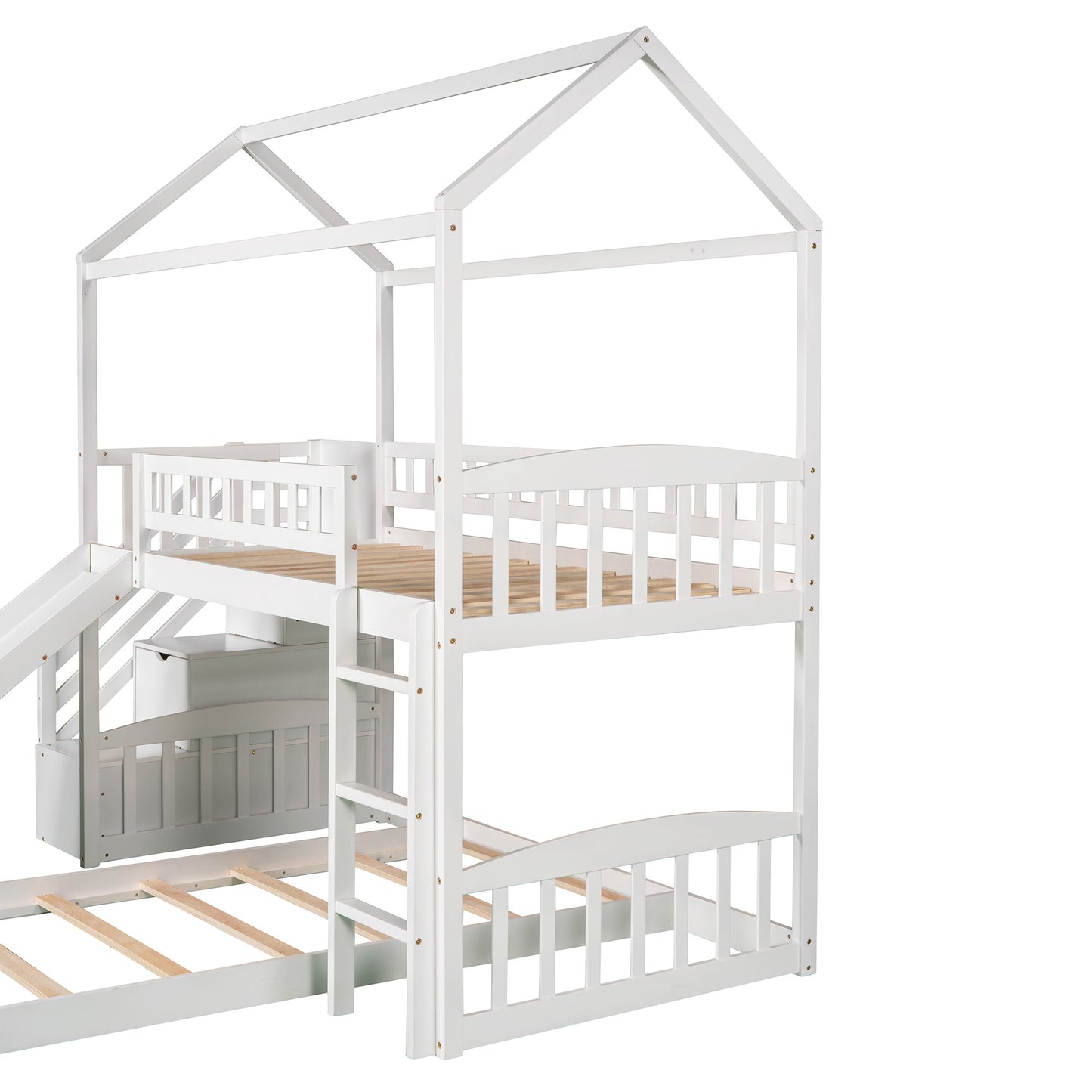 Twin Over Twin Bunk Bed with Two Drawers and Slide, House Bed with Slide