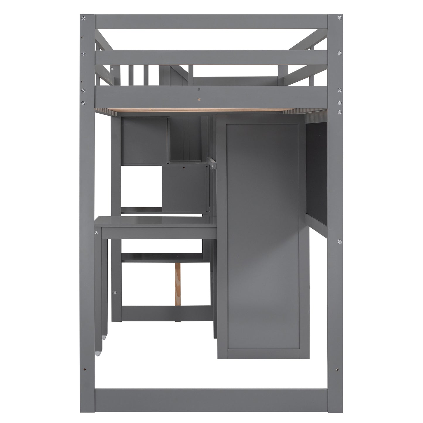 Twin Size Loft Bed with Pullable Desk and Storage Shelves; Staircase and Blackboard