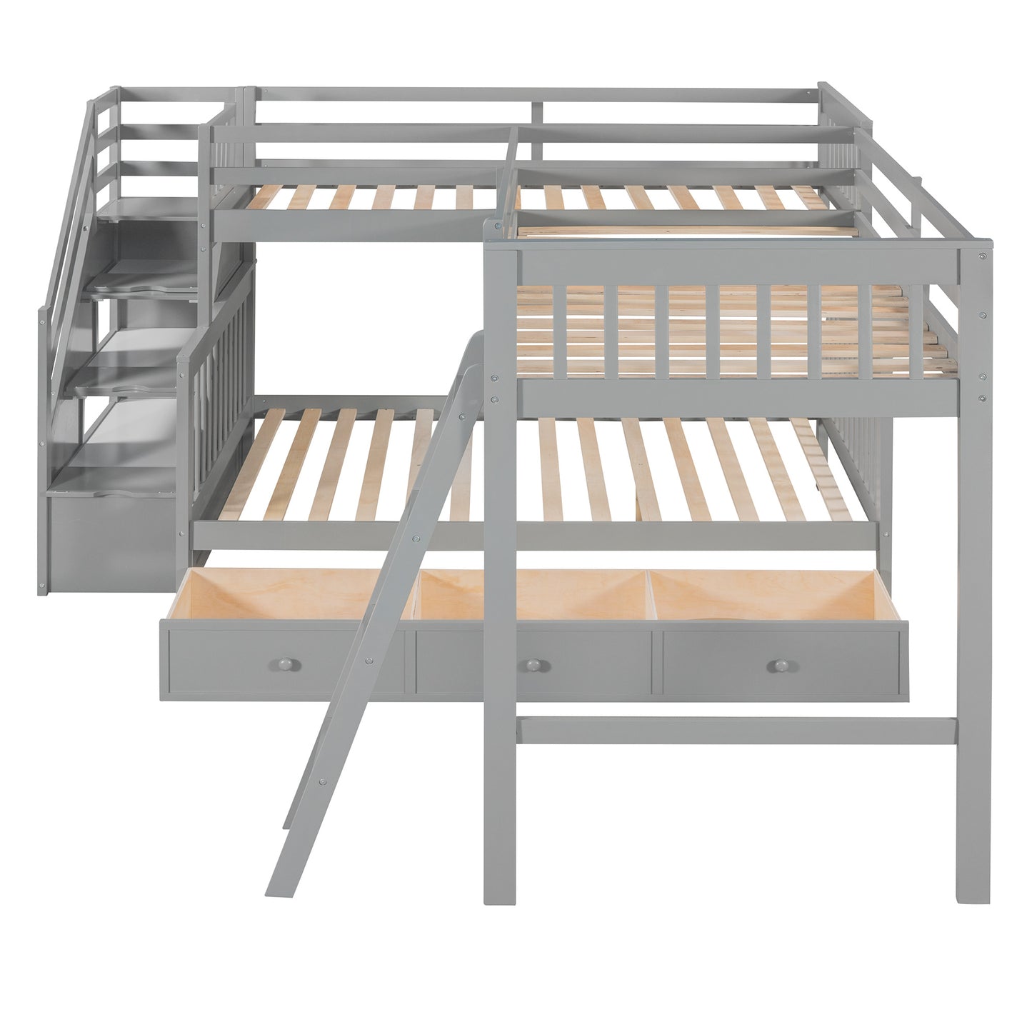 Twin over Full L-Shaped Bunk Bed With 3 Drawers, Ladder and Staircase