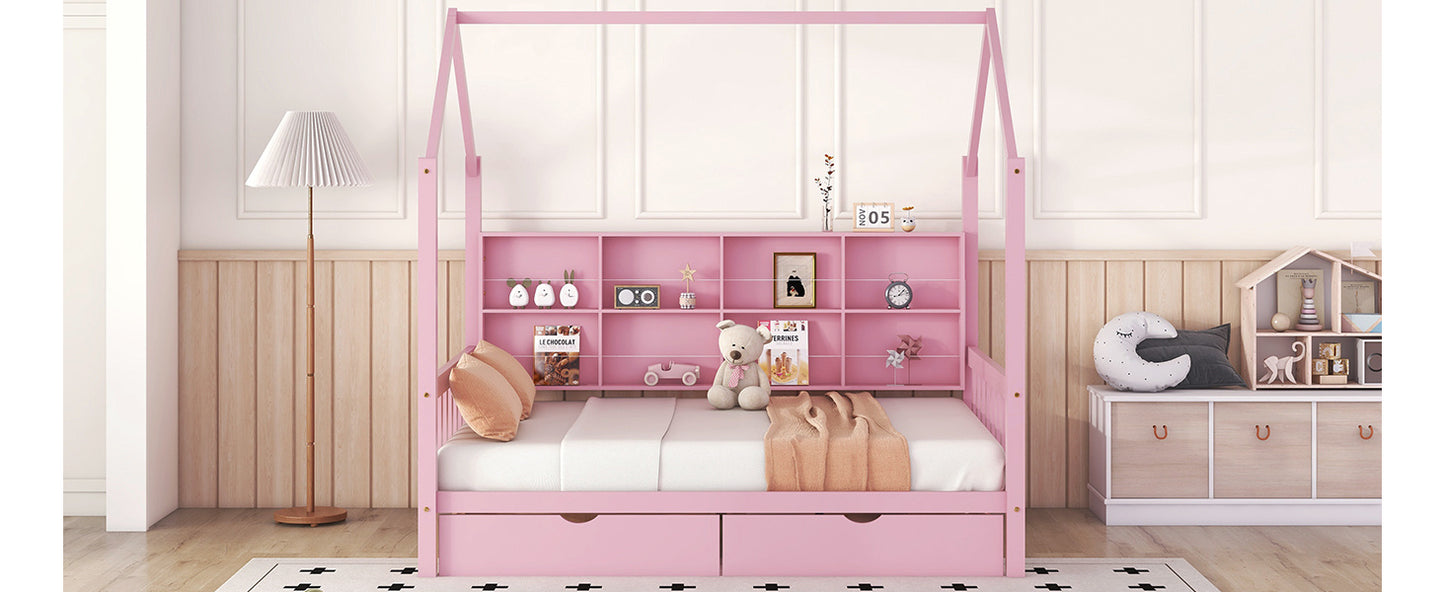 Wooden Full Size House Bed with 2 Drawers,Kids Bed with Storage Shelf, Pink