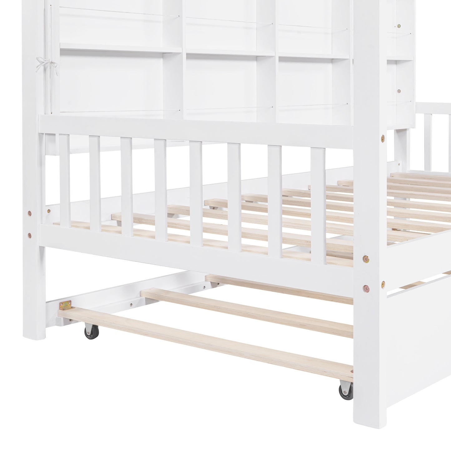 Wooden Twin Size House Bed with Trundle,Kids Bed with Shelf