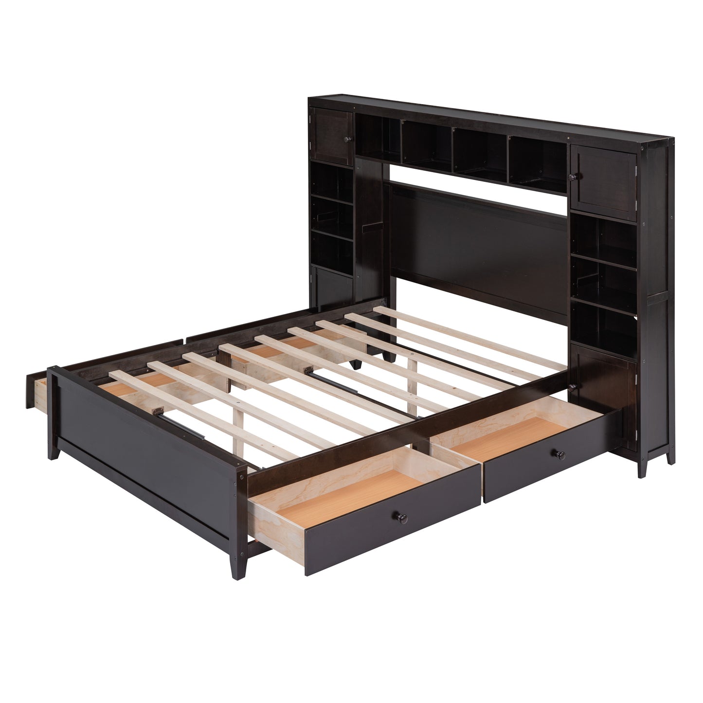 Full Size Wooden Bed With All-in-One Cabinet and Shelf