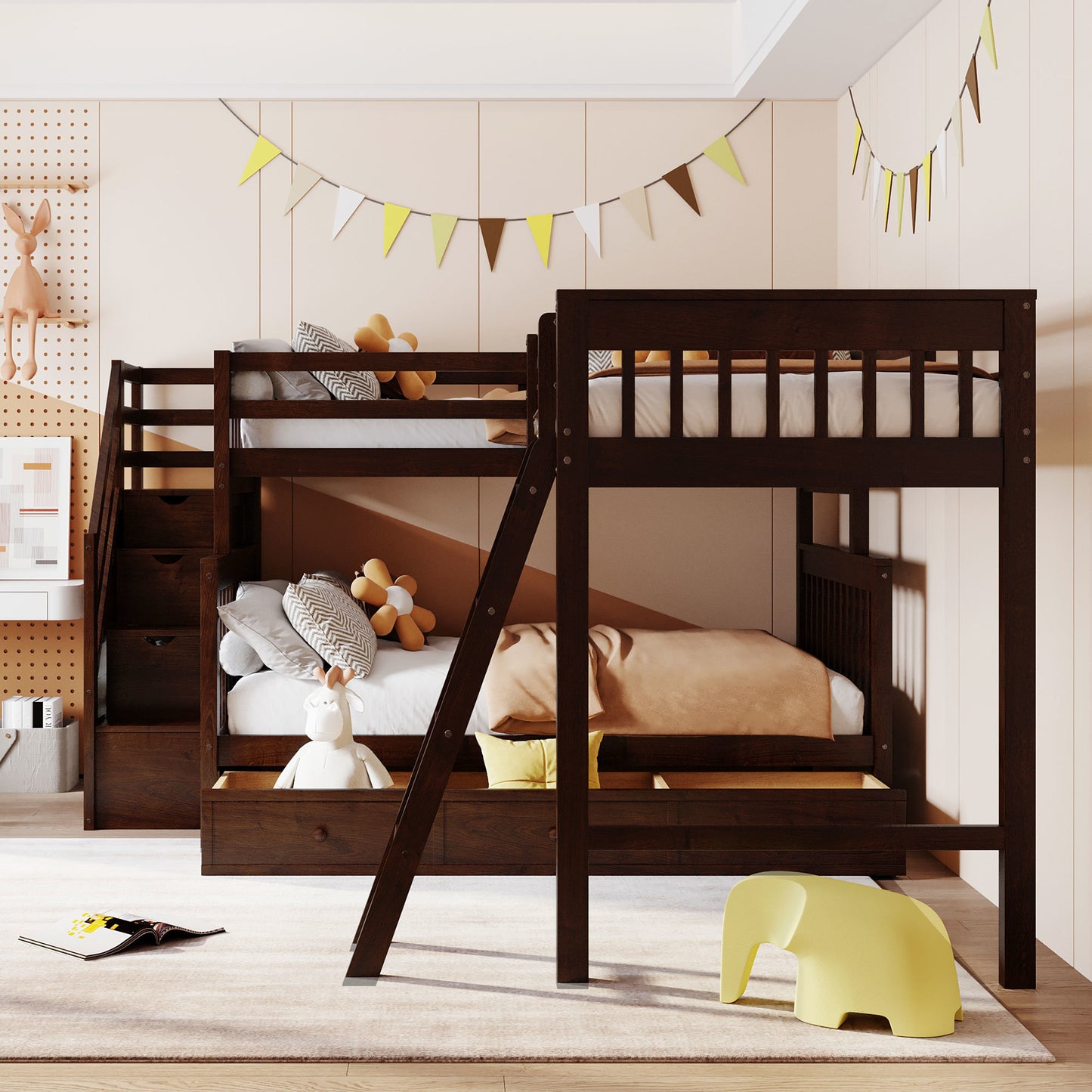 Twin over Full L-Shaped Bunk Bed With 3 Drawers, Ladder and Staircase