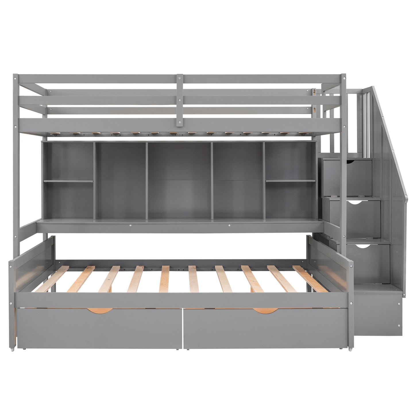 Twin XL over Full Bunk Bed with Built-in Storage Shelves;  Drawers and Staircase