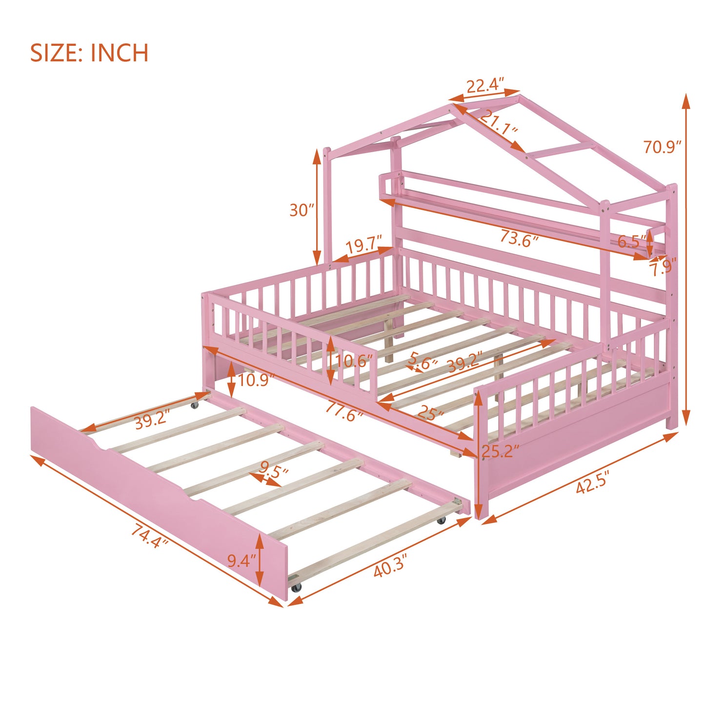 Wooden Full Size House Bed with Twin Size Trundle,Kids Bed with Shelf