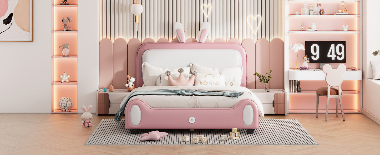 Full size Upholstered Rabbit-Shape Princess Bed ,Full Size Platform Bed with Headboard and Footboard