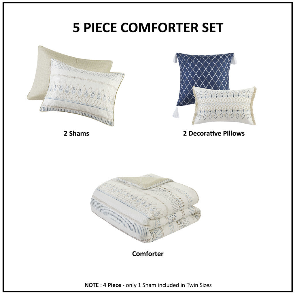 5 Piece Printed Seersucker Comforter Set with Throw Pillows