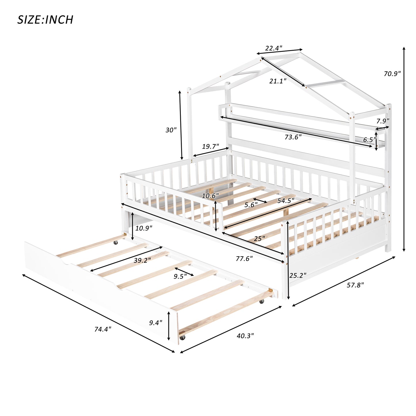 Wooden Full Size House Bed with Twin Size Trundle,Kids Bed with Shelf