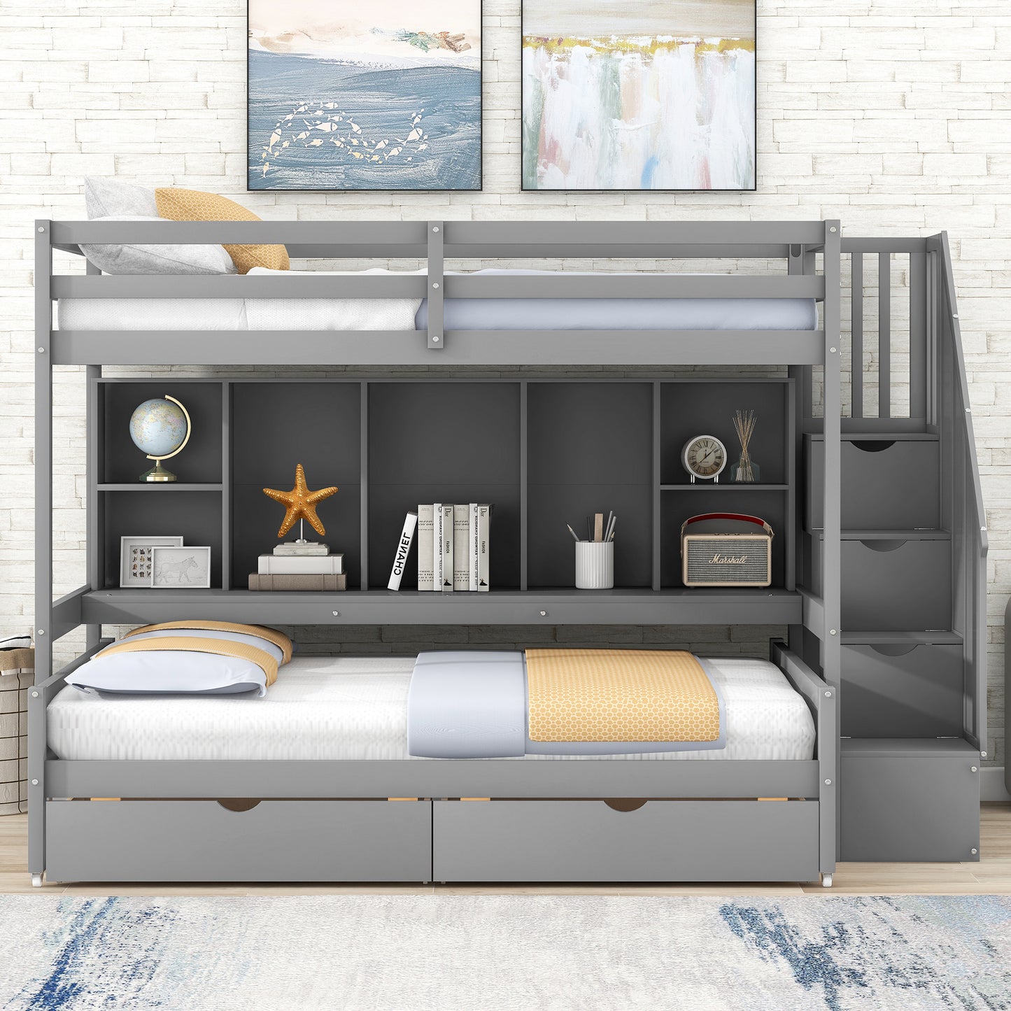 Twin XL over Full Bunk Bed with Built-in Storage Shelves;  Drawers and Staircase