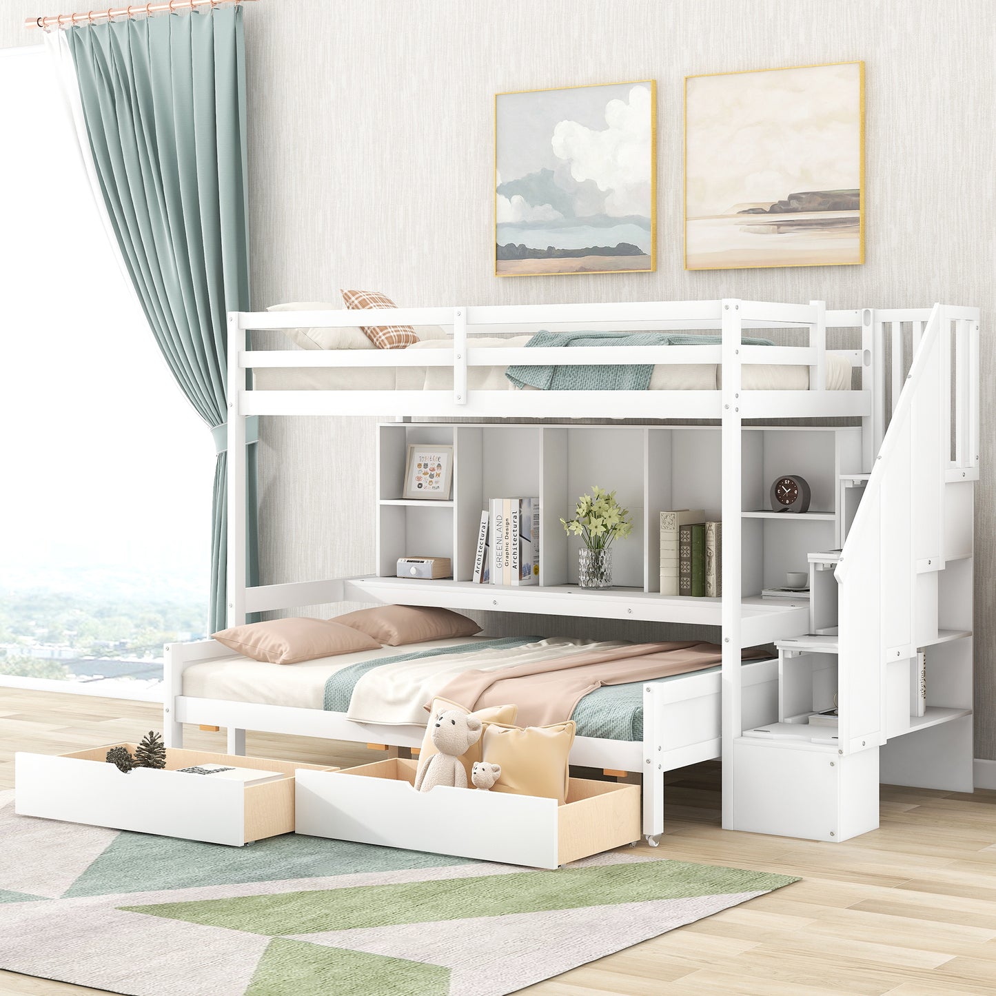 Twin XL over Full Bunk Bed with Built-in Storage Shelves;  Drawers and Staircase