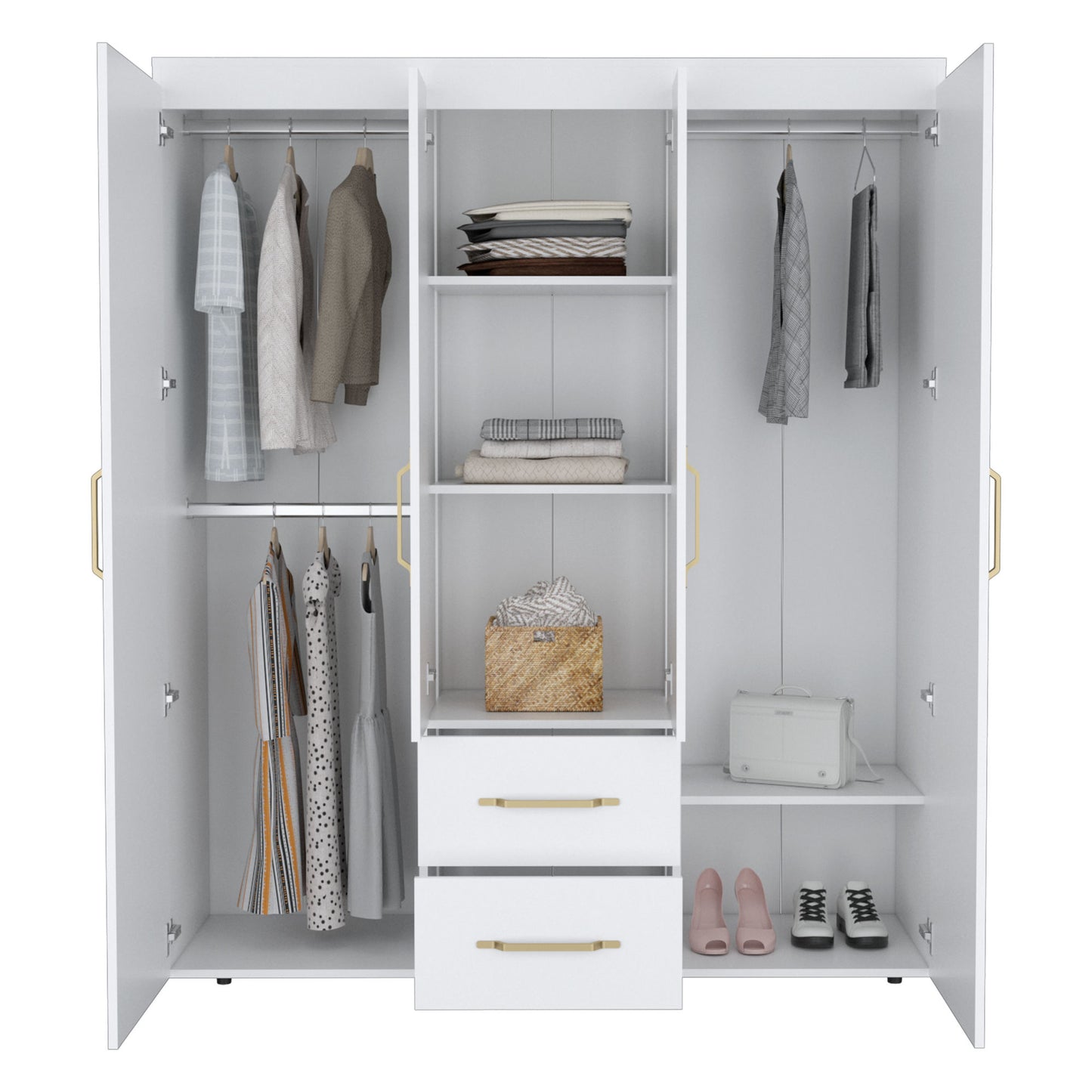 Bariloche Wardrobe with Hanging Rods, Shelves, and 2 Drawers in White