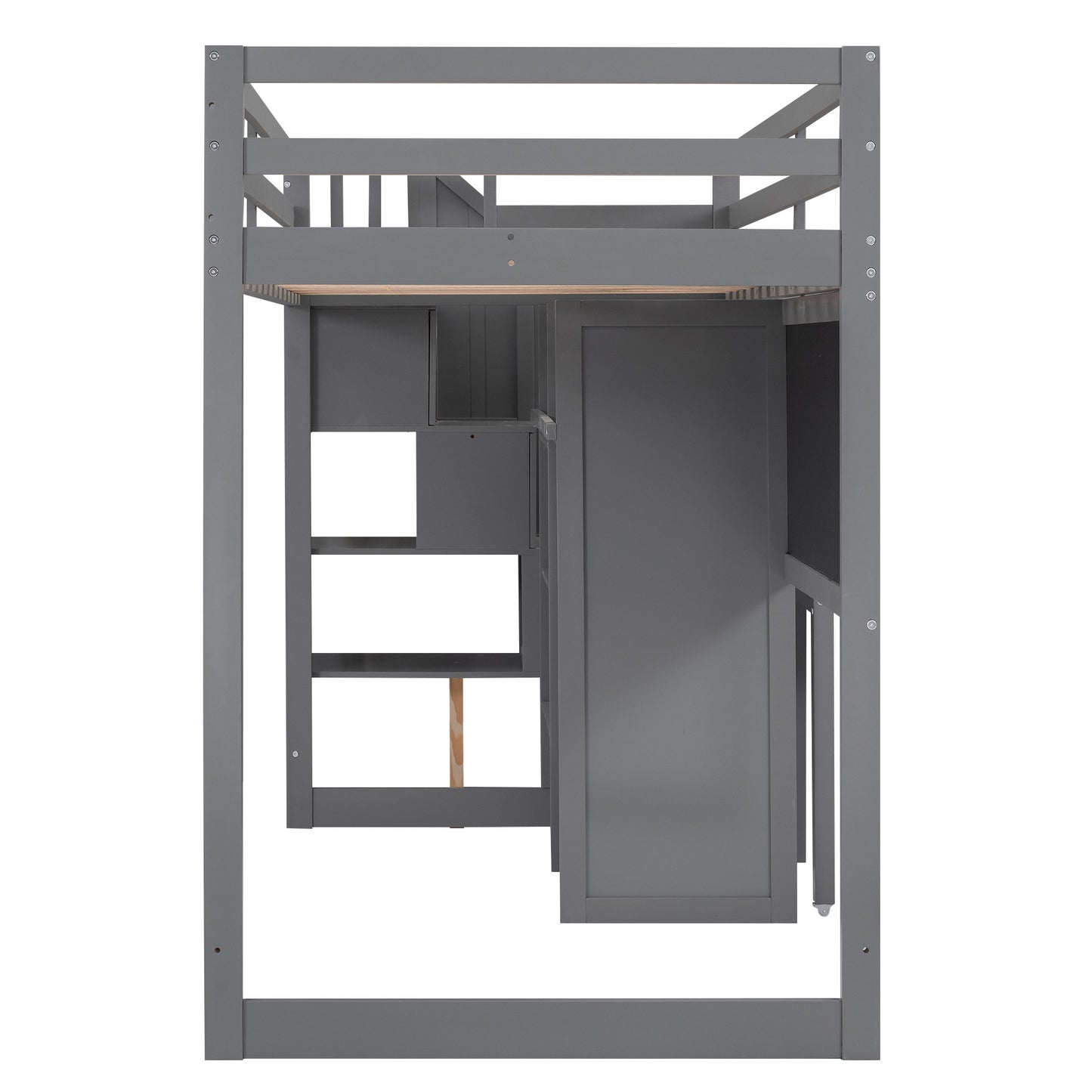 Twin Size Loft Bed with Pullable Desk and Storage Shelves; Staircase and Blackboard