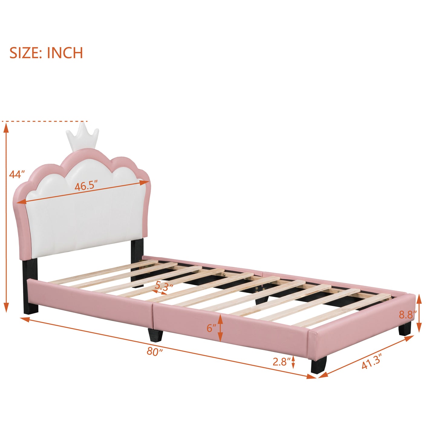 Twin size Upholstered Princess Bed With Crown Headboard,Full Size Platform Bed with Headboard and Footboard,White+Pink