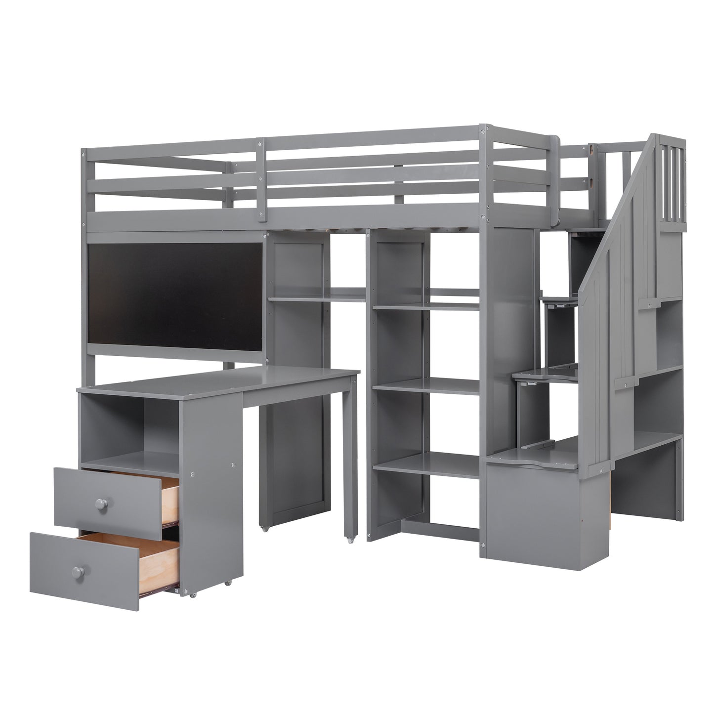 Twin Size Loft Bed with Pullable Desk and Storage Shelves; Staircase and Blackboard