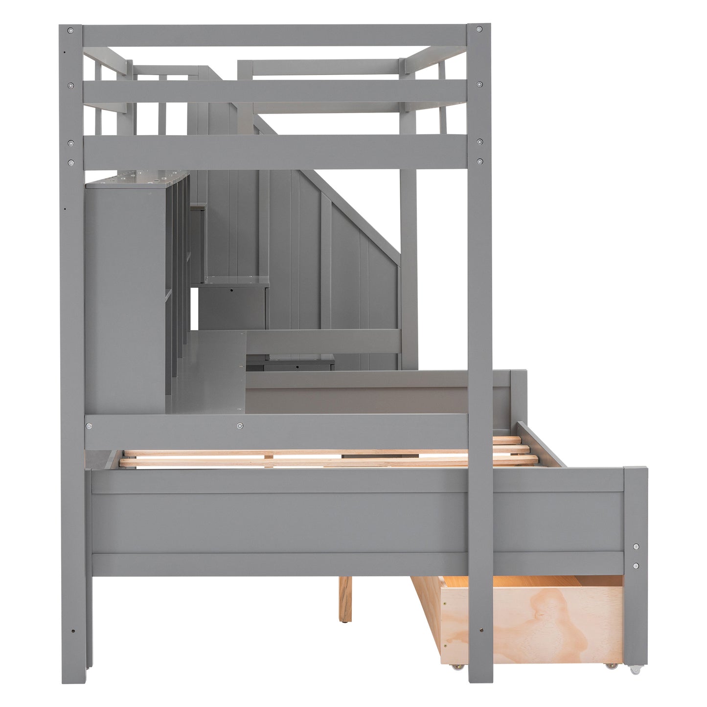 Twin XL over Full Bunk Bed with Built-in Storage Shelves;  Drawers and Staircase