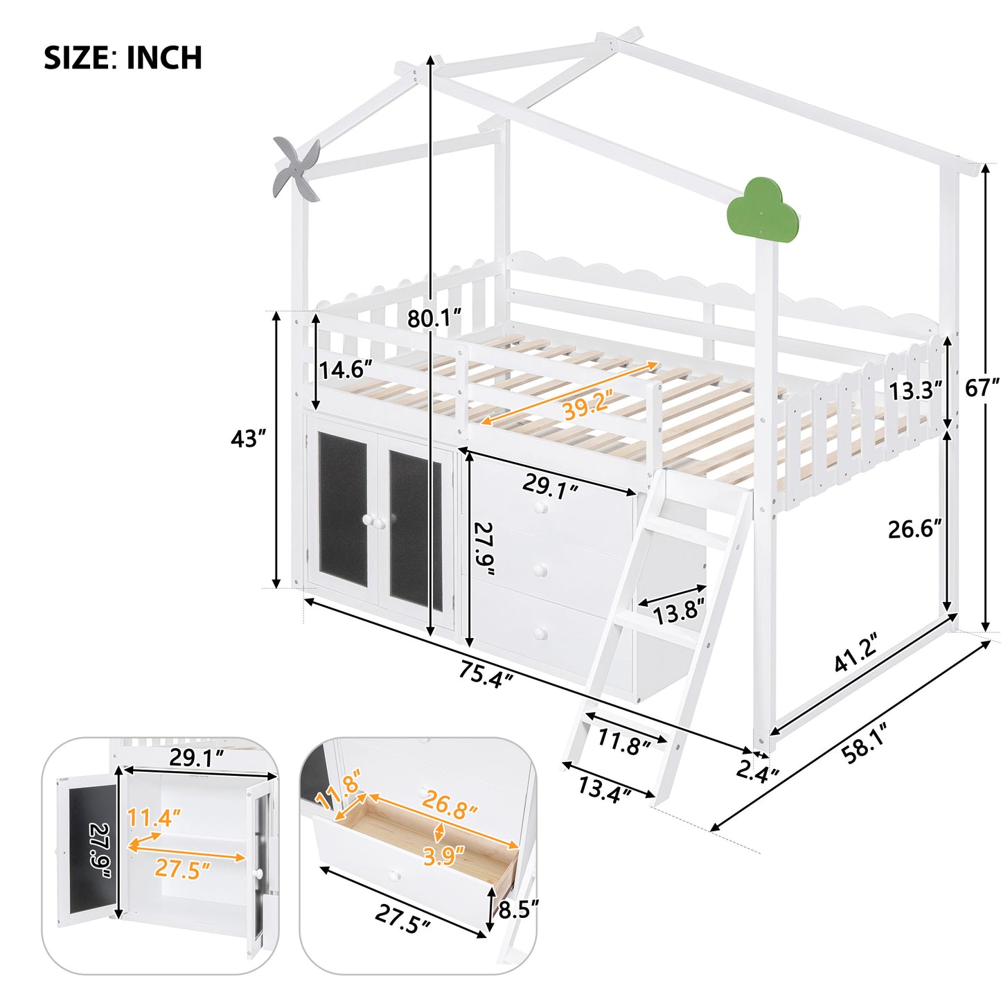 Twin Size House Bed With Cabinet and Drawers