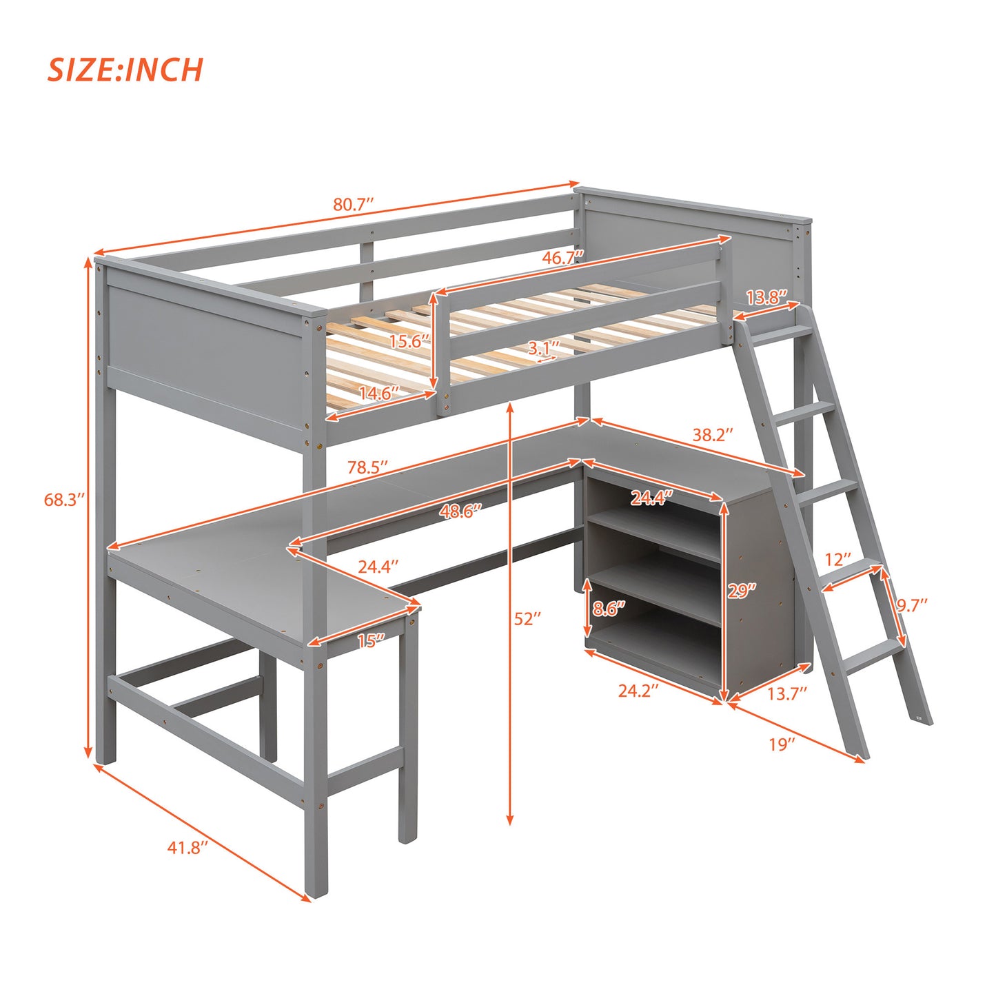 Twin size Loft Bed with Shelves and Desk;  Wooden Loft Bed with Desk